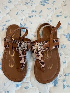 bebe Brown Leopard Print Girls' T-Strap Sandals with Rhinestone Emblem